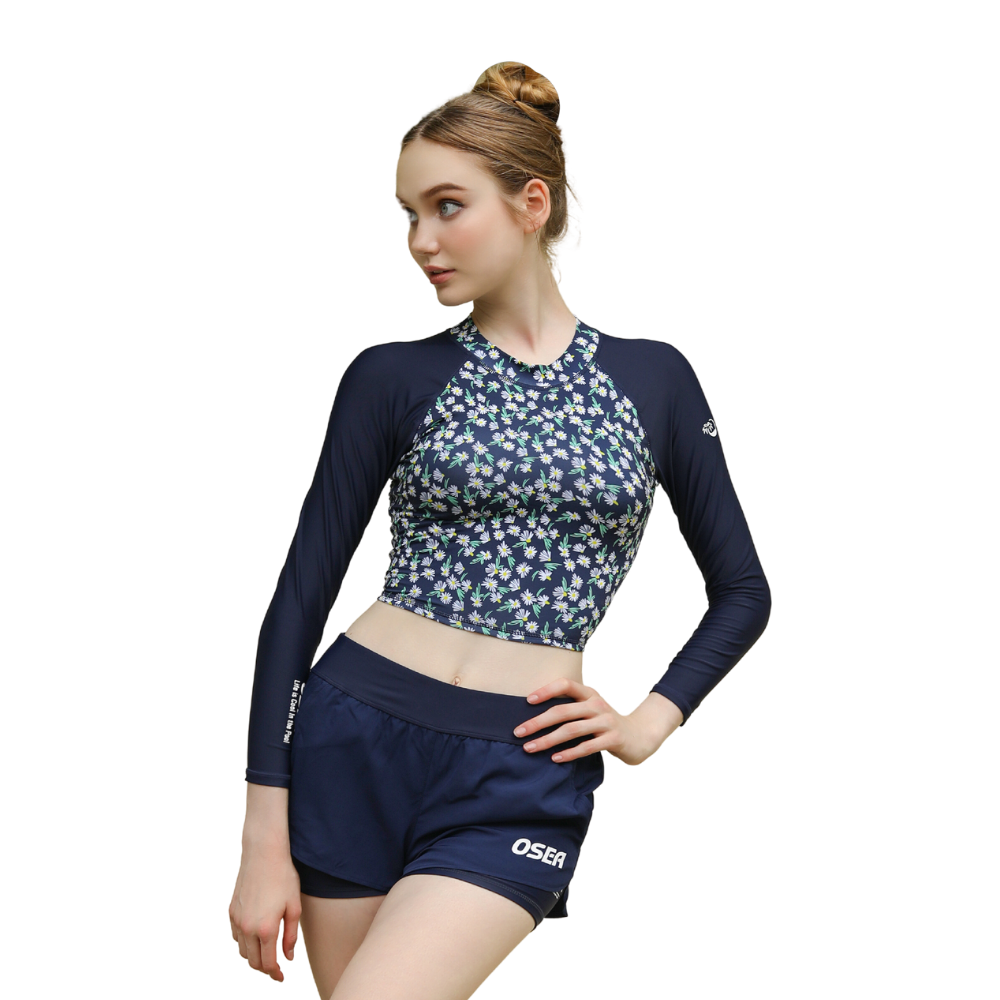 Set đồ bơi nữ crop tay dài quần 2 lớp - Navy Little Daisies Crop & 2 Layers Active Short
