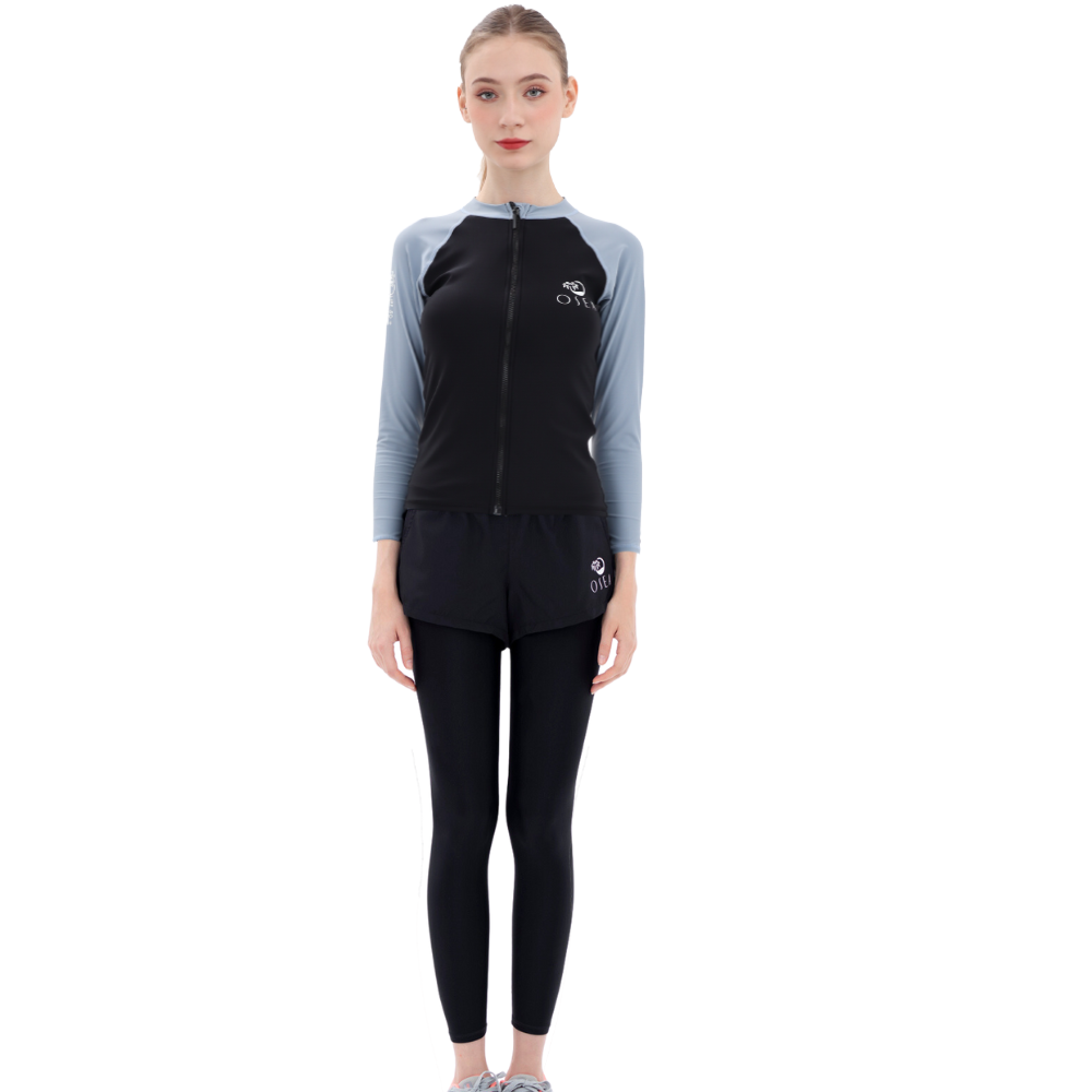 Set áo bơi dây kéo quần dài hai lớp - Xám Đen - Black Sea Foam Zipper Long Rashguard Set
