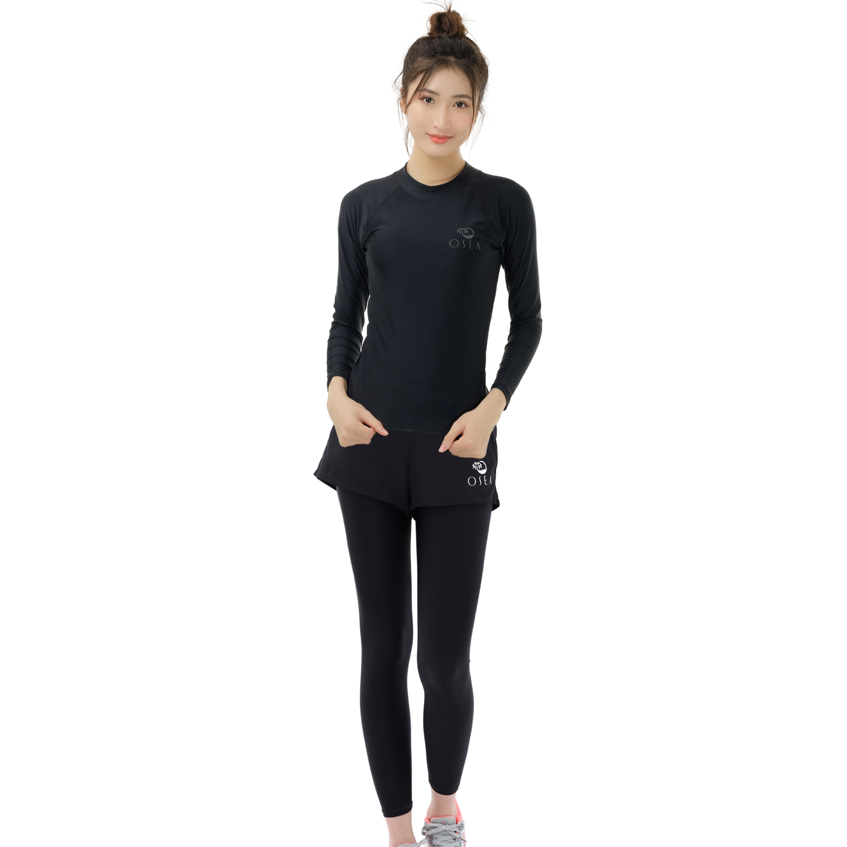 Set áo bơi tay dài và quần dài hai lớp - Solid Black Rashguard & 2 Layers Water Legging Set